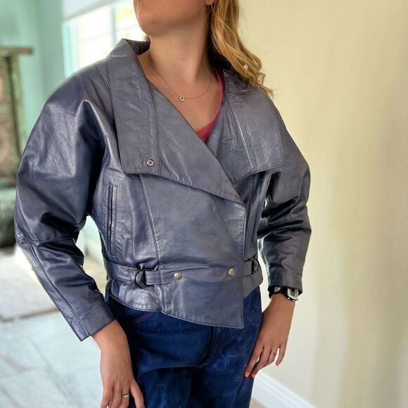 Vintage 80s Nora Ritti Oversized Blue Leather Jacket Belted Cropped Moto Style M - Picture 2 of 16